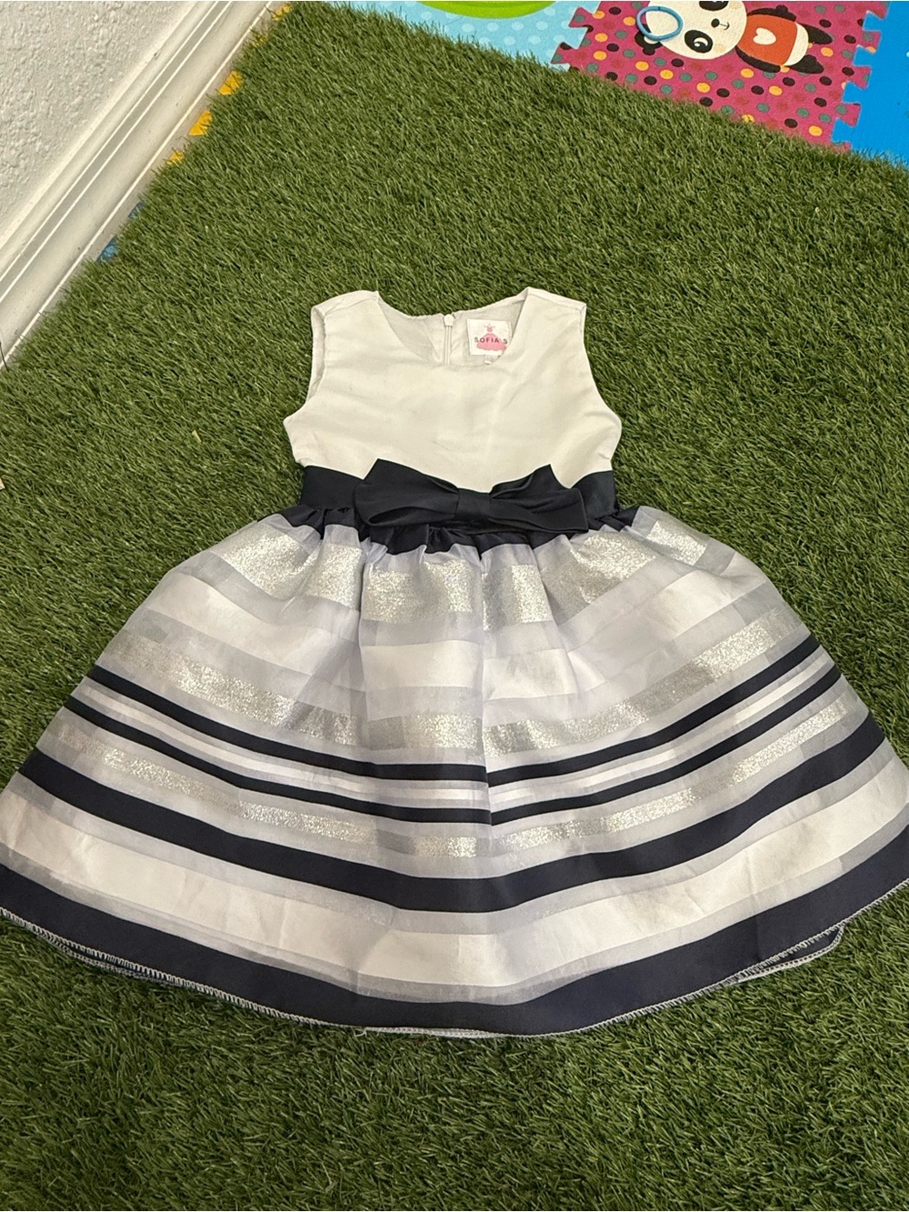 Unbranded Girls White and Navy Striped Party Dress with Bow